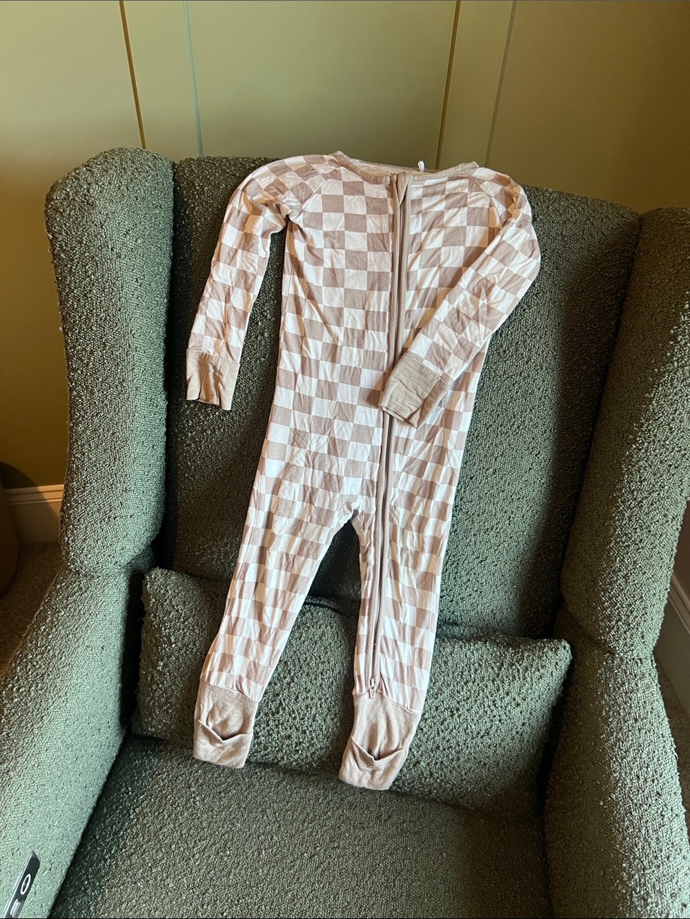 Toddler tan/white Checker-Print Long Sleeve bamboo Pajamas
